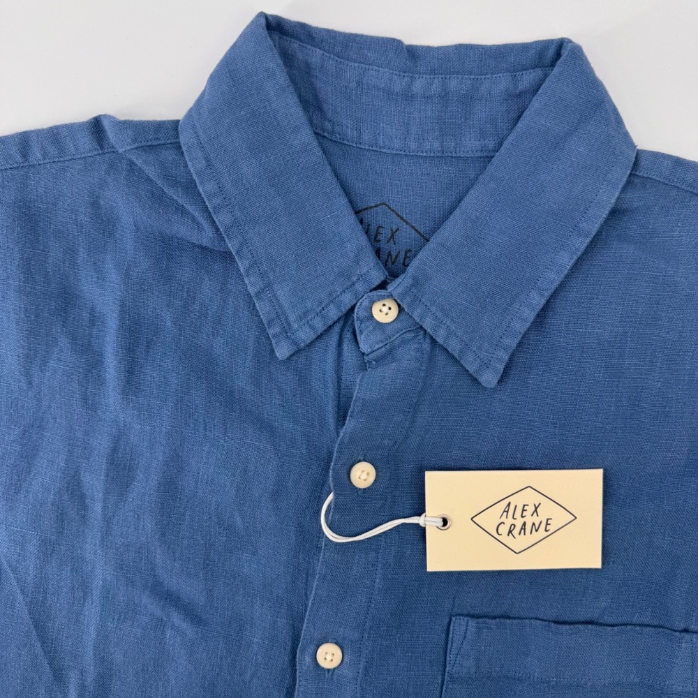 Alex Crane Button Down Shirt Mens Medium Blue Short Sleeve 100% Linen Pocket